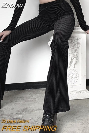 Znbbw Ribbed Black High Waist Slim Fitted Skinny Long Flare Pants Women 2023 Spring Autumn Stretchy Trousers Streetwear